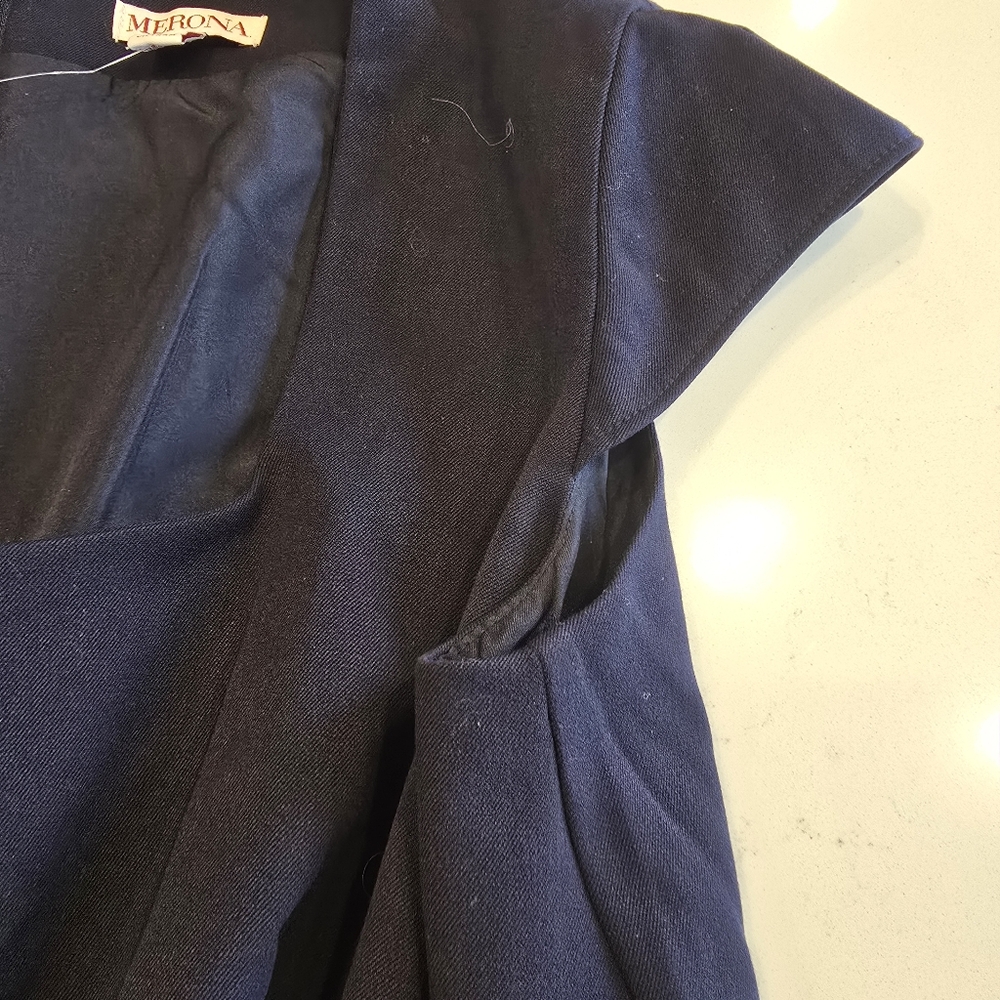 Merona Navy Blue Sheath Dress Cap Sleeve Square Neckline Pleated Dress Womens 16 - Picture 9 of 11
